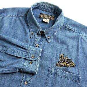 Rivers End Trading Co Men's Denim Shirt Blue Sz XL Long Sleeve Embroidered Train